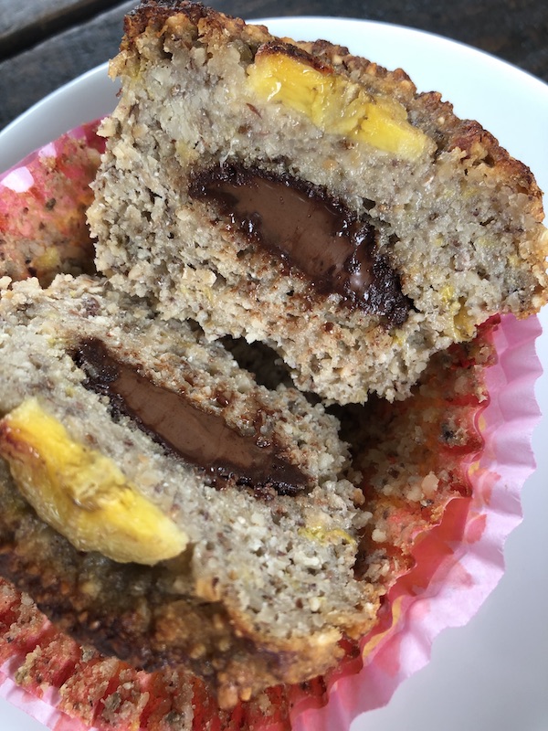 Banana-Muffins with toasted Hazelnuts and dark Chocolate Centre vegan healthy plantbased kids cut open