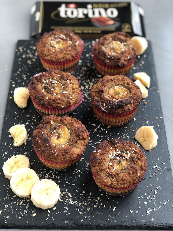 Banana-Muffins with toasted Hazelnuts and dark Chocolate Centre vegan healthy plantbased kids